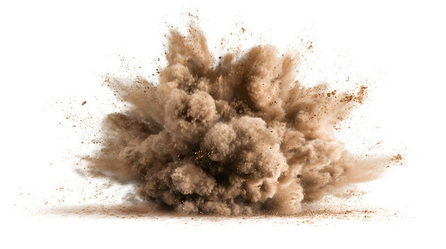 Brown dust exploding in the mid-air, isolated on a white background