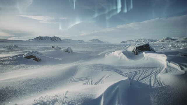 Winter snowscape with intricate patterns and aurora borealis light in the sky. Cold landscape for winter season and nature concept.