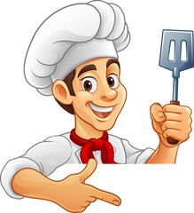 A chef, baker or cook cartoon mascot man holding spatula or barbecue flipper peeking around a sign and pointing at it © Christos Georghiou