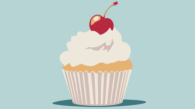 A single cupcake, with white frosting and a cherry on top, presented on a light blue background