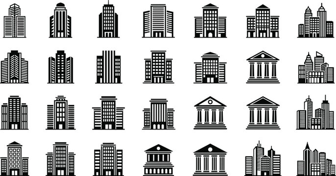 Set of black building icons and skyscraper silhouettes including government offices, banks, apartments, and corporate towers isolated on white background
