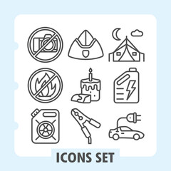 Fototapeta premium Camera ban, fire ban, canister icons, presents concepts like photography restrictions, culinary professions, outdoor camping and vehicle energy solutions. Set of nine line icons on white background.
