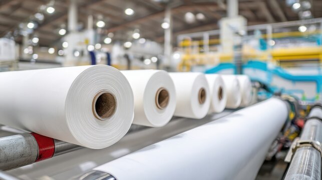 Industrial Printing Press Rollers Loaded with White Paper Material in a Manufacturing Facility