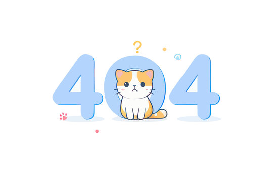 Cute cartoon cat illustration for a 404 error page on a white background