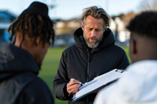 An experienced soccer coach engages with players during a strategy session, reflecting the essence of teamwork, communication, and the drive to improve performance on the field.