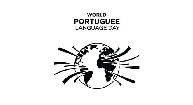 Minimalist vector graphic illustration celebrating world portuguese language day with stylized globe and radiating flowing lines