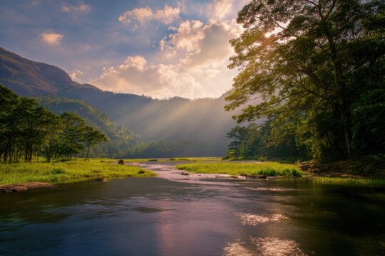 夕方には川や山に輝く日光
