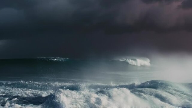 A large body beneath dark stormy clouds concept. Powerful ocean waves crashing under stormy dark clouds with dramatic sea spray and turbulent water