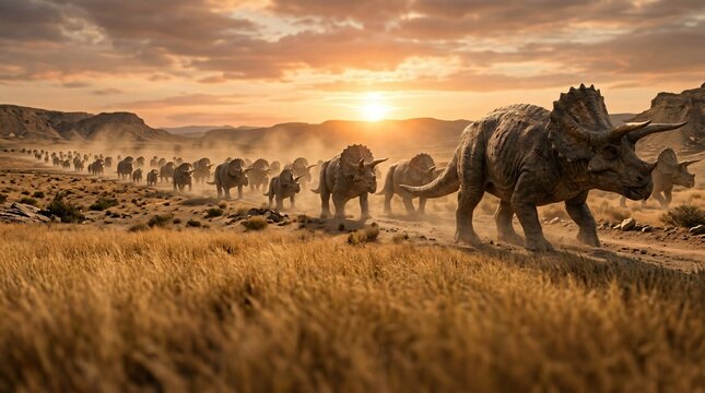Herd of Triceratops Dinosaurs migrate across dry savanna landscape at sunset.