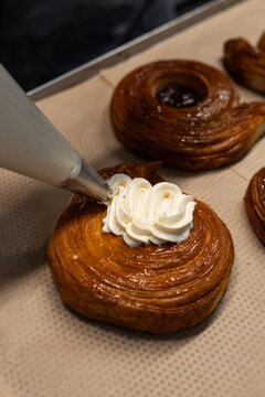 Pastry Cream Decoration in Bakery Kitchen