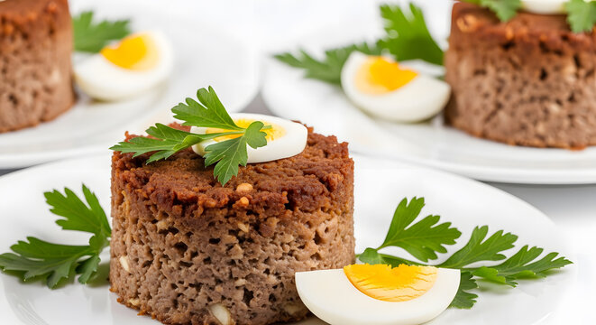 Seamless photography of drob dishes from Romania, meatloaf made from lamb or chicken with offals like kidneys, liver,heart mixed with greens and boiled eggs usually served for Easter day