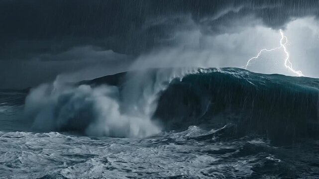A large body beneath dark stormy clouds concept. Powerful ocean wave crashing during storm with heavy rain and lightning in dark cloudy sky