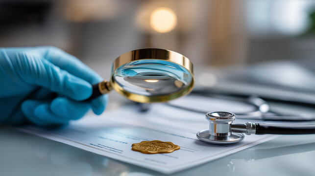 Overhead flat lay of a gloved hand holding a magnifying glass over a medical certificate with a gold seal on a clean bright surface defocused stethoscope in soft blur healthcare