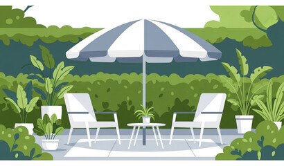 Garden patio vector outdoor chairs umbrella greenery lifestyle scene © MstNadiya