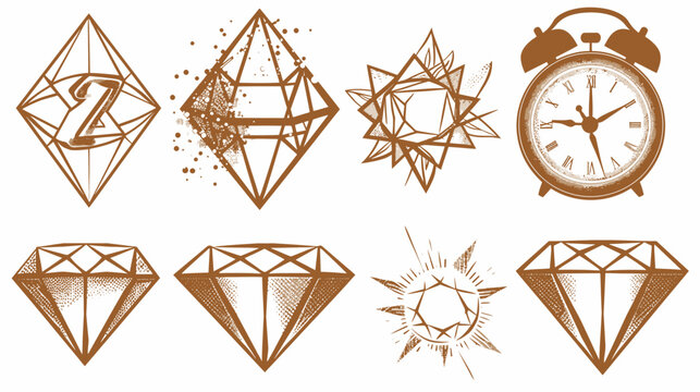 Assortment of geometric and time-related illustrations in earthy tones, diamonds and a clock