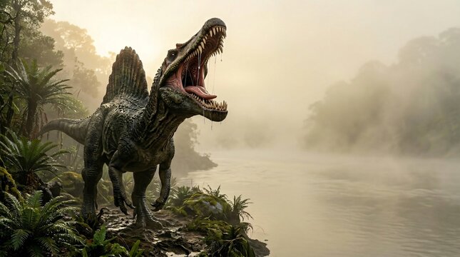 Spinosaurus Roaring by Riverbank in Lush Jungle.