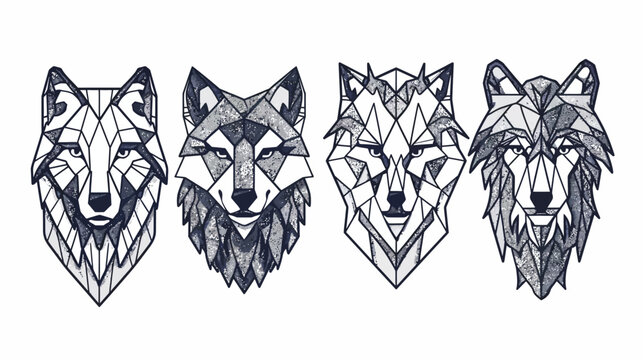 Four geometric wolf head designs in shades of gray, white, and black against a white background
