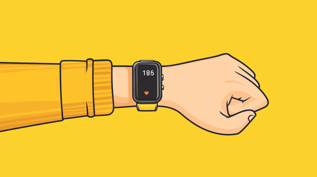 Illustration of a wrist with a smartwatch, displaying heart rate against a yellow background
