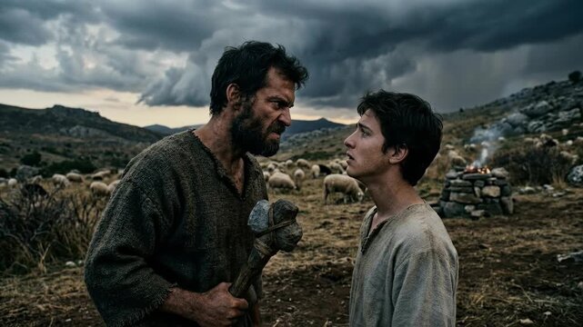 Primal sibling violence: Cain menace, Abel fear, Bible story, religion dispute, ancient shepherd, farmer fury, stone weapon, sacrifice altar, dramatic sky, human envy.