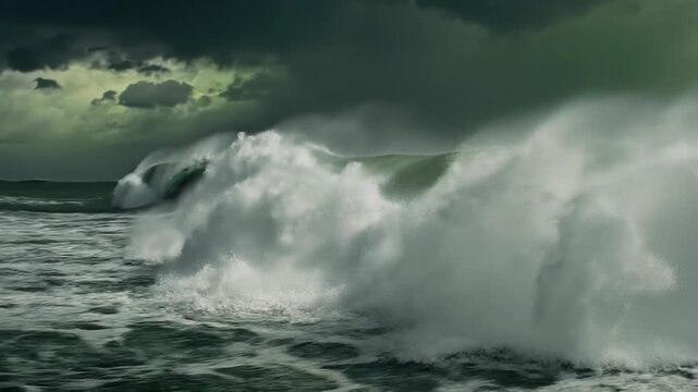 A large body beneath dark stormy clouds concept. Powerful ocean waves crashing under dramatic stormy sky with dark clouds and turbulent water