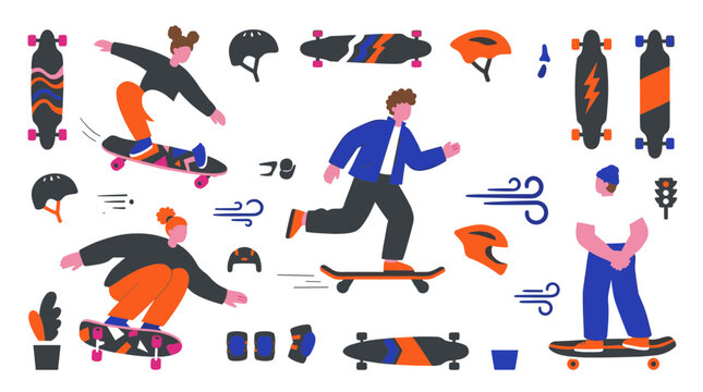 Diverse group of people enjoying skateboarding and longboarding in a dynamic urban setting with colorful skateboards and protective gear