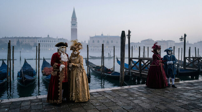 Venice Carnival: Moody, cinematic wide shot of the Venice Carnival at dawn, Figures in ornate 18th-century baroque costumes and intricate porcelain masks standing on a foggy gondola dock.