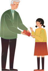 Fototapeta premium Grandfather gives a red envelope to his grand daughter