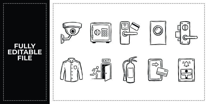 Hand Drawn Security CCTV Camera Padlock and Safe Protection Doodle Icon Set Sketch Vector EPS