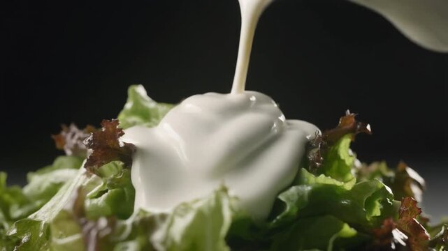 Cinematic slow motion of creamy salad dressing pouring over mixed greens in dark moody studio setup, glossy highlights, dramatic side lighting, shallow depth of field, ultra realistic food texture, pr