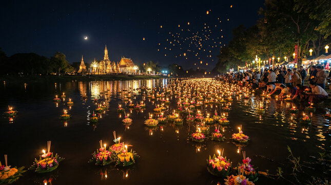 Loy Krathong, Floating flower baskets with glowing candles on a dark river, reflections on the water, serene festival atmosphere, photorealistic
