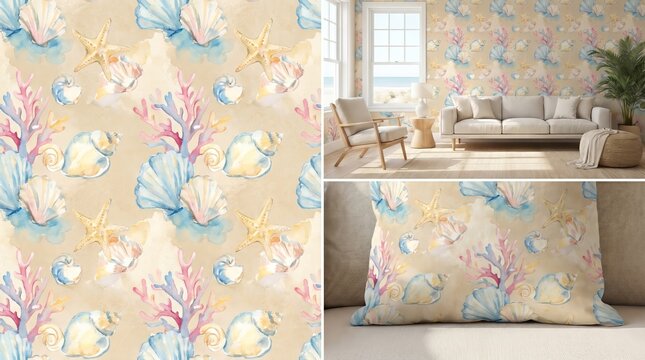 Elegant Coastal Decor: Beautiful Watercolor Seashell and Coral Wallpaper for a Relaxing Beach-Inspired Living Room