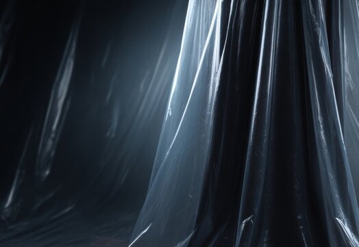 The tarp is black plastic, wrinkled, with a seam in the center and slight highlights
