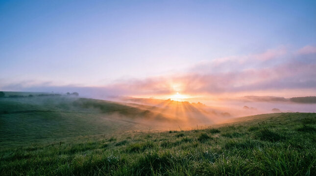 Sunrise over misty rolling hills with green grass and winding dirt path, golden light rays breaking through clouds, serene countryside landscape ideal for travel, wellness, nature, and background use!