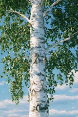 Fototapeta premium Looking up at a leafy birch tree against a bright blue sky with fluffy clouds, this fresh natural scene stands for growth, the summer season, and being outside