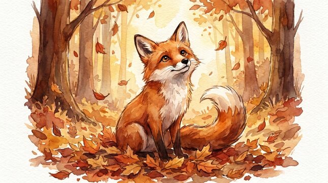 Enchanting Autumn Forest Scene Featuring a Playful Fox Surrounded by Colorful Leaves and a Breathtaking Natural Landscape