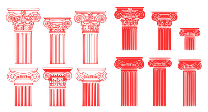 Set of ten detailed red outline classic ionic style architectural columns isolated on white background for classical building design concepts and historical architecture graphic elements collection