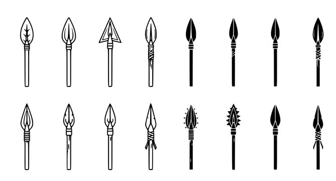 Versatile collection of sharpened spearheads and primitive weapon tips in black vector style for historical game design and educational graphics isolated on a white background