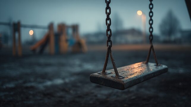 swing. An empty swing moving in the wind at an abandoned playground at dusk. wellbeing guides, coaching materials, designed for mental health education and mindfulness programs, supports wellbeing.