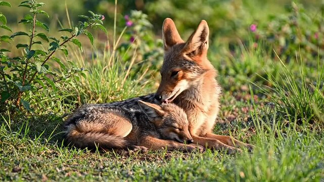 A mother jackal lovingly nuzzles her pup in a grassy field.