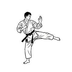 Karate fighter performing a side kick in a dojo, black and white illustration © Aziz