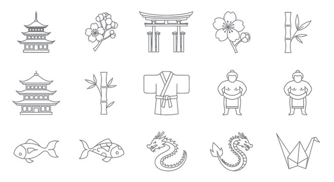 Japan Culture Icons: Pagoda, Torii Gate, Sumo, Dragon, Origami Crane, Sakura