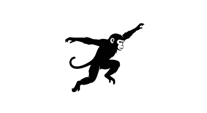 Silhouette of a monkey in a dynamic pose, black on white background