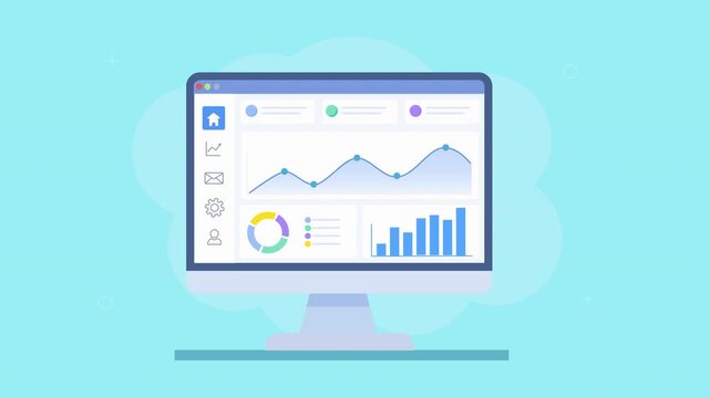 Flat vector animation of a desktop analytics dashboard with charts and graphs. Concept of business performance tracking, data analysis, and digital reporting interface.