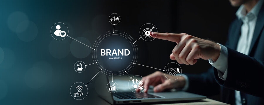 Brand awareness strategy concept, businessman touch digital brand awareness icons, communication, target, Marketing growth, customer loyalty, and partnership symbols for corporate branding success