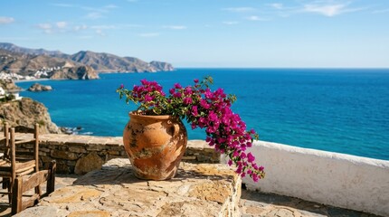 Obraz premium Terracotta Pot Bougainvillea Mediterranean Sea Vista