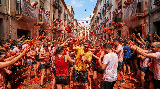 La Tomatina Spain, Action shot of crowds throwing red tomatoes, flying juice, vibrant red chaos, cinematic summer sunlight, photorealistic