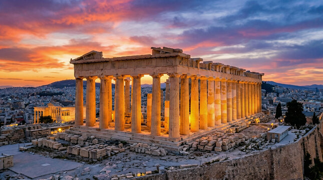Parthenon Athens, Ancient Greek columns glowing at sunset, Acropolis background, dramatic twilight sky