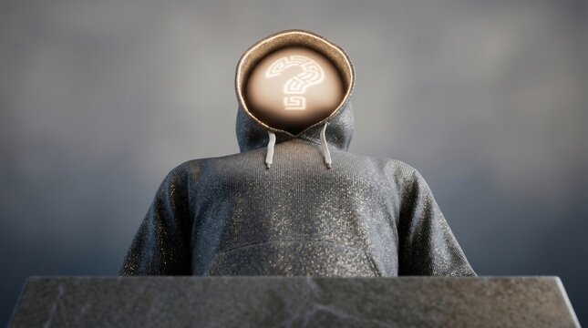 A mysterious, anonymous figure wearing a hoodie with a question mark inside their head. Represents uncertainty, enigma, or unknown identity. Ideal for concepts related to mystery, questions, or privac