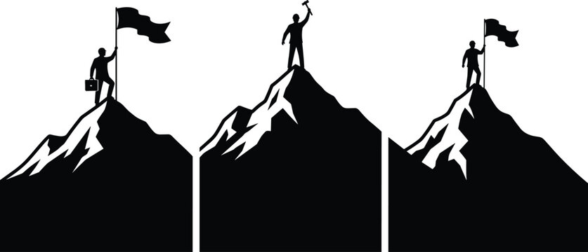 Successful Businessman Silhouette Achievement Concept Showing Leaders Standing On Mountain Peak With Flag And Hammer Representing Business Goal Success Growth