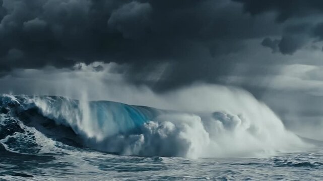 Powerful ocean waves crashing during storm with lightning and dark dramatic clouds